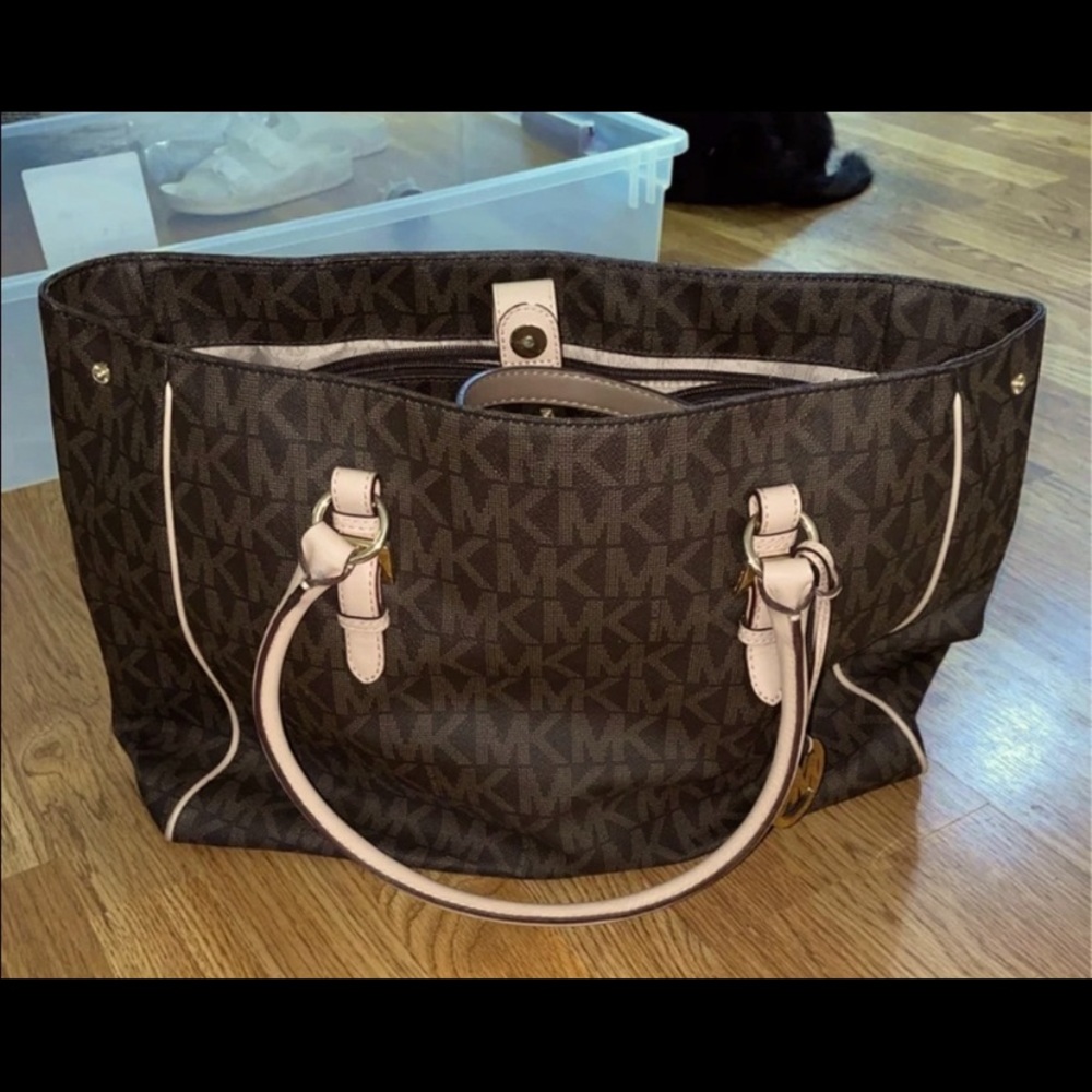 MICHAEL Michael Kors Weekender Brown &Tan Monogram Travel Laptop Luggage Bag EUC